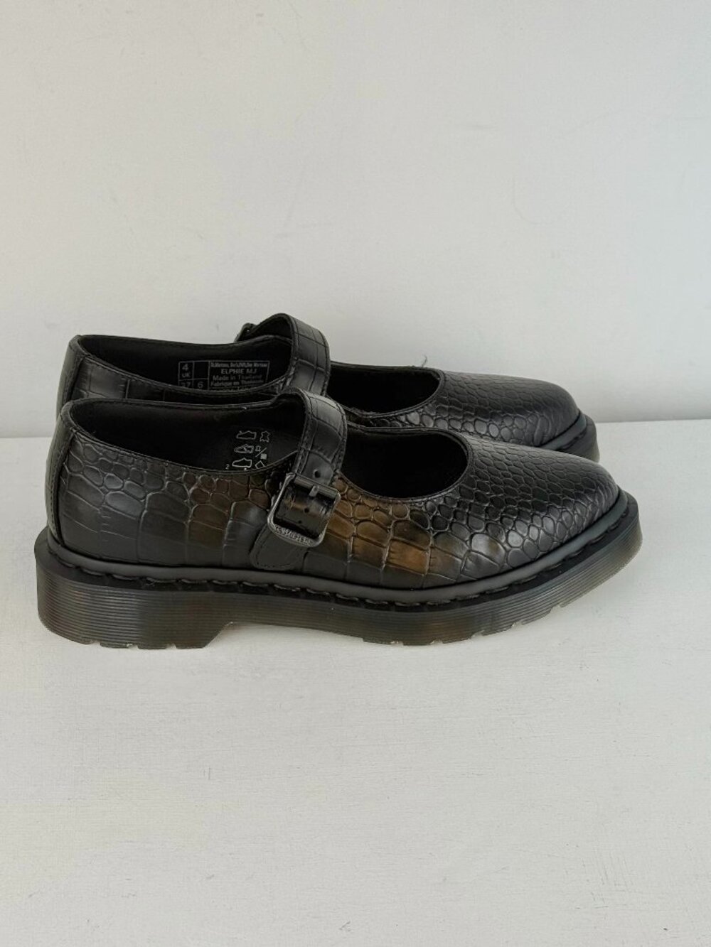 W6 - Dr Martens Elphie Mary Jane Emboss Leather Shoes - Black-Atlas Croc Emboss